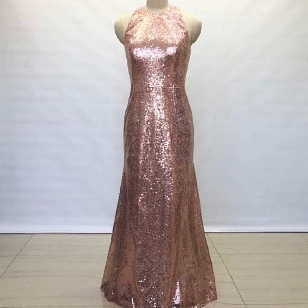 halter rose gold sequin long dress